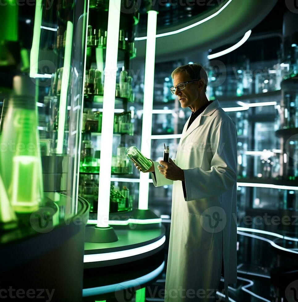 A long shot of a scientist in a white coat standing in a laboratory, medical stock images photo