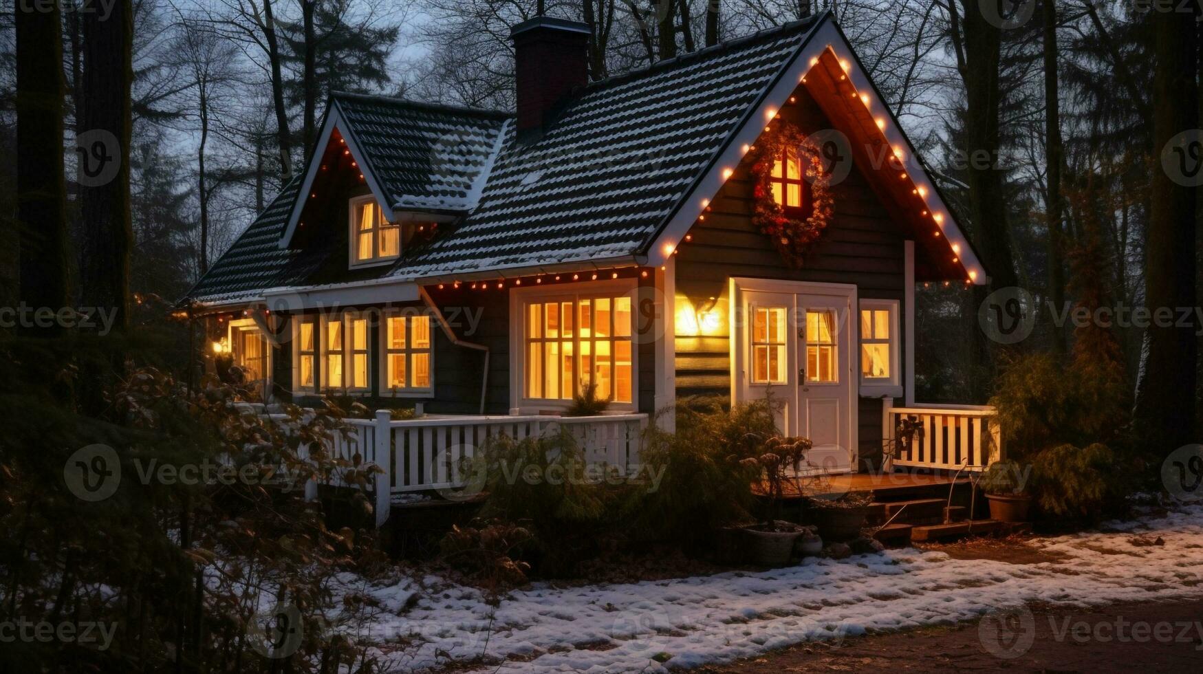 A small cottage in the forest all lit up for christmas, christmas image, photorealistic illustration photo