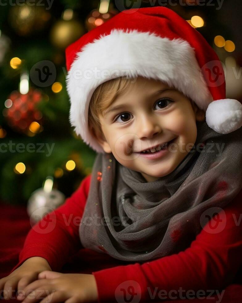 A close up portrait of a child sitting in front of a christmas tree, christmas image, photorealistic illustration photo