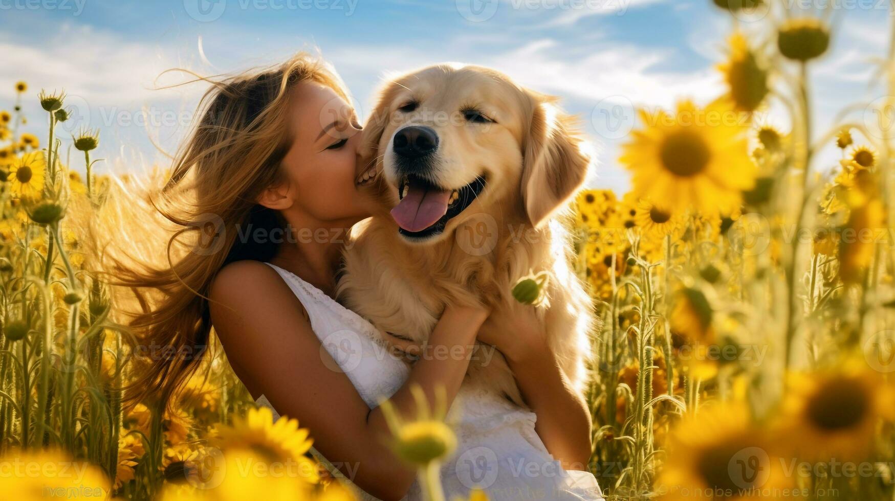 un joven niña en un blanco vestir es abrazando un dorado perdiguero en un campo de flores silvestres, mental salud imágenes, fotorrealista ilustración foto