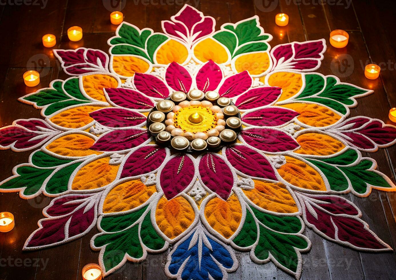 A rangoli decorative pattern made of colored rice, diwali stock images, cartoon illustration art photo