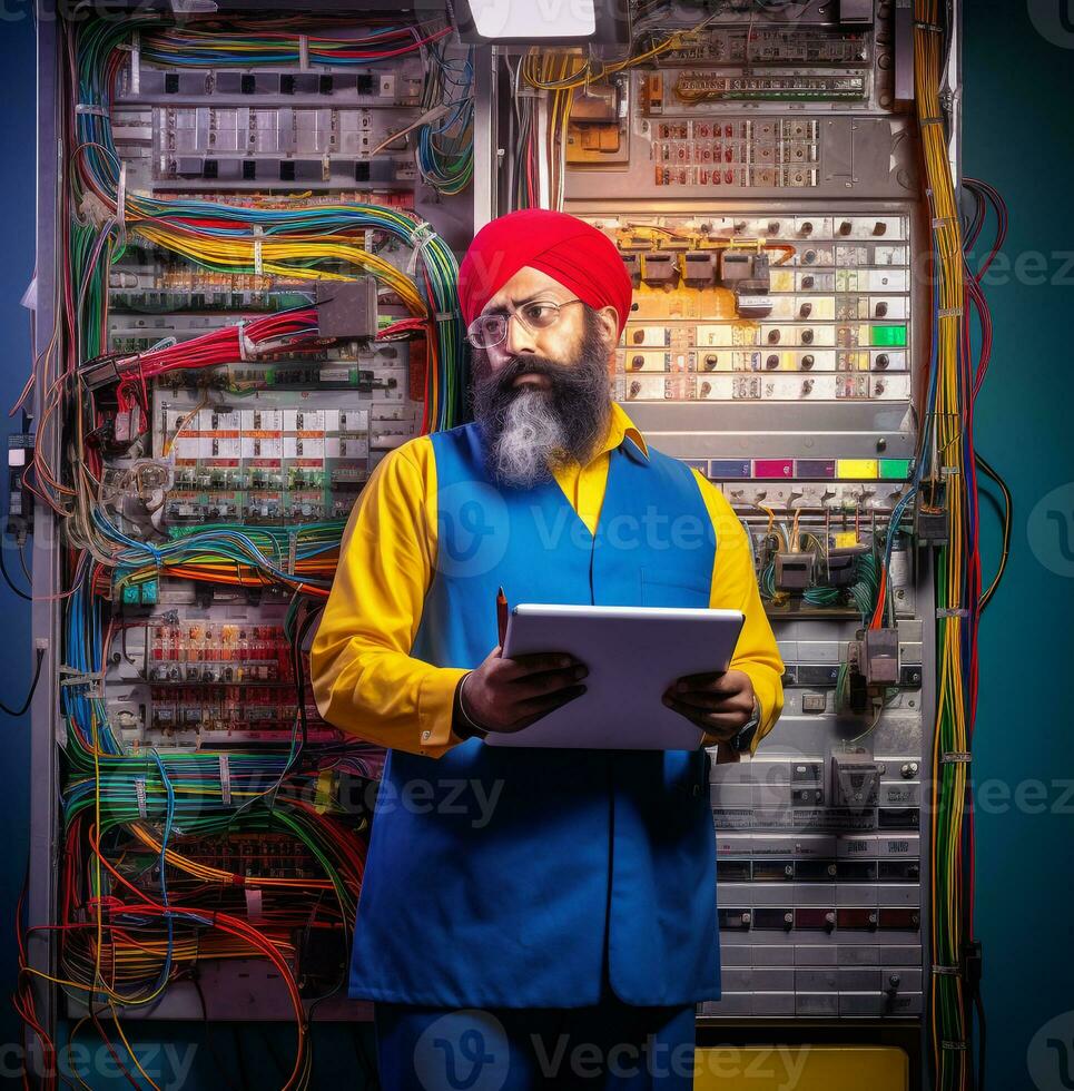 Man showing a clipboard in light of an electrical equipment, industrial machinery stock photos