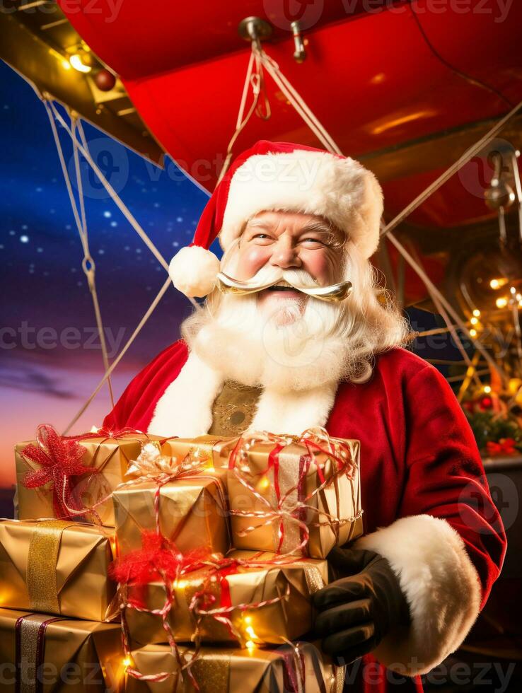 A close up portrait of santa claus standing on the deck of his airship, christmas image, photorealistic illustration photo