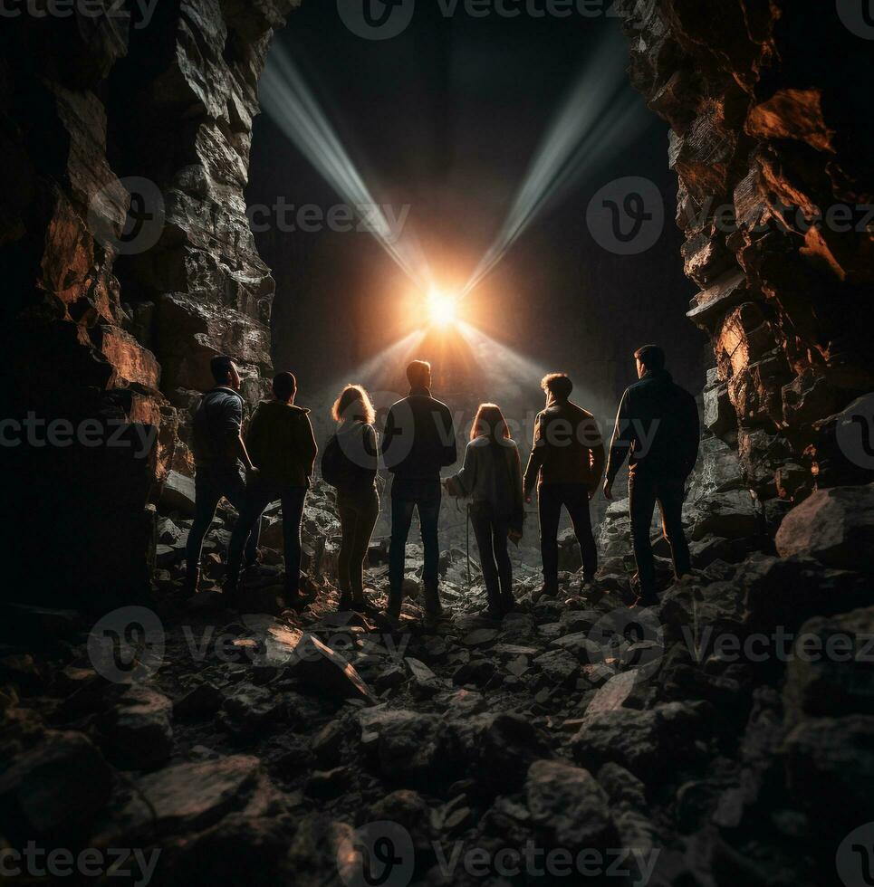A group of friends are walking through a dark ancient ruin, wanderlust travel stock photos, realistic stock photos
