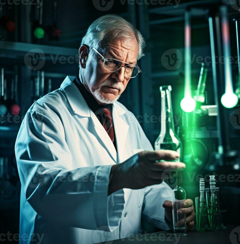 un científico en un blanco Saco soportes en un oscuro laboratorio, médico valores imágenes foto