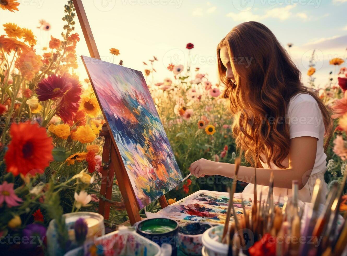 A wide-angle shot of a person painting in a field of flowers, mental health images, photorealistic illustration photo