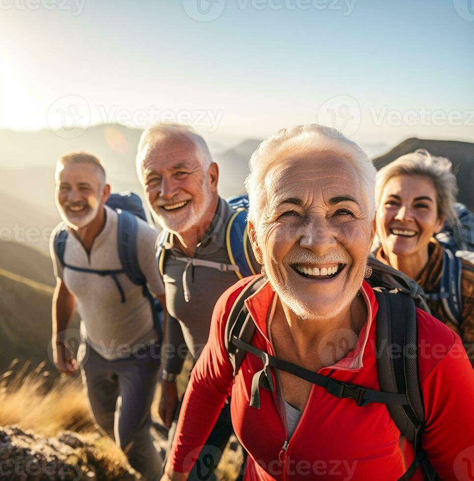 A group of older adults hike through the mountains, modern aging stock images, photorealistic illustration photo