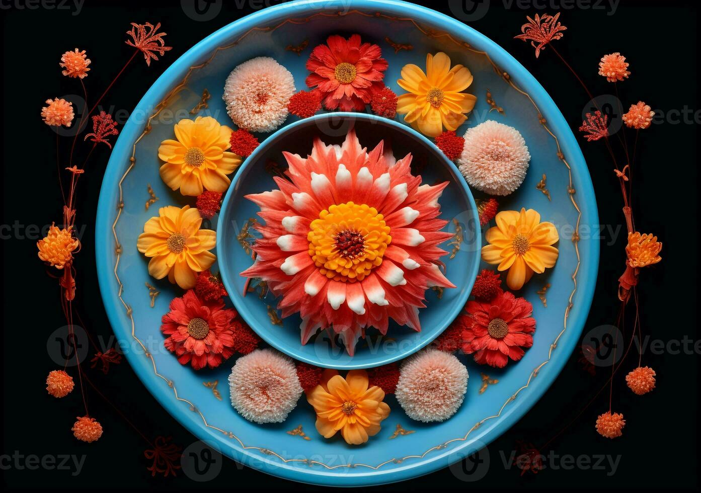 Rangoli decoration of an orange flower in a bowl, diwali stock images, realistic stock photos