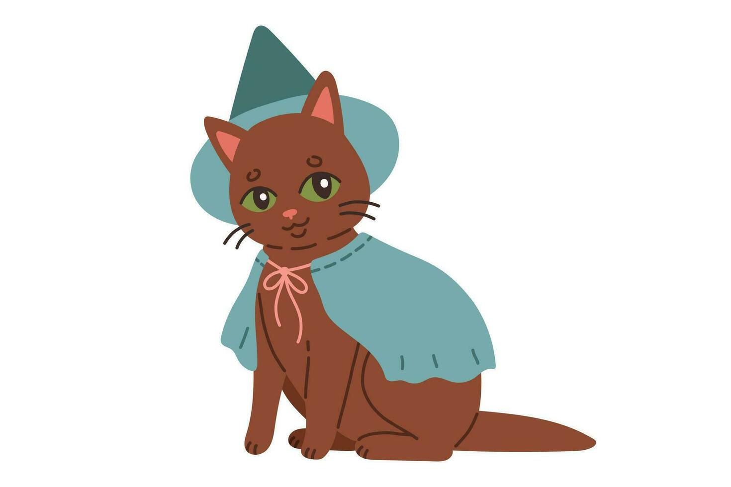 Halloween cat. Brown kitten in blue witch costume. Happy halloween costume illustration. Vector illustration