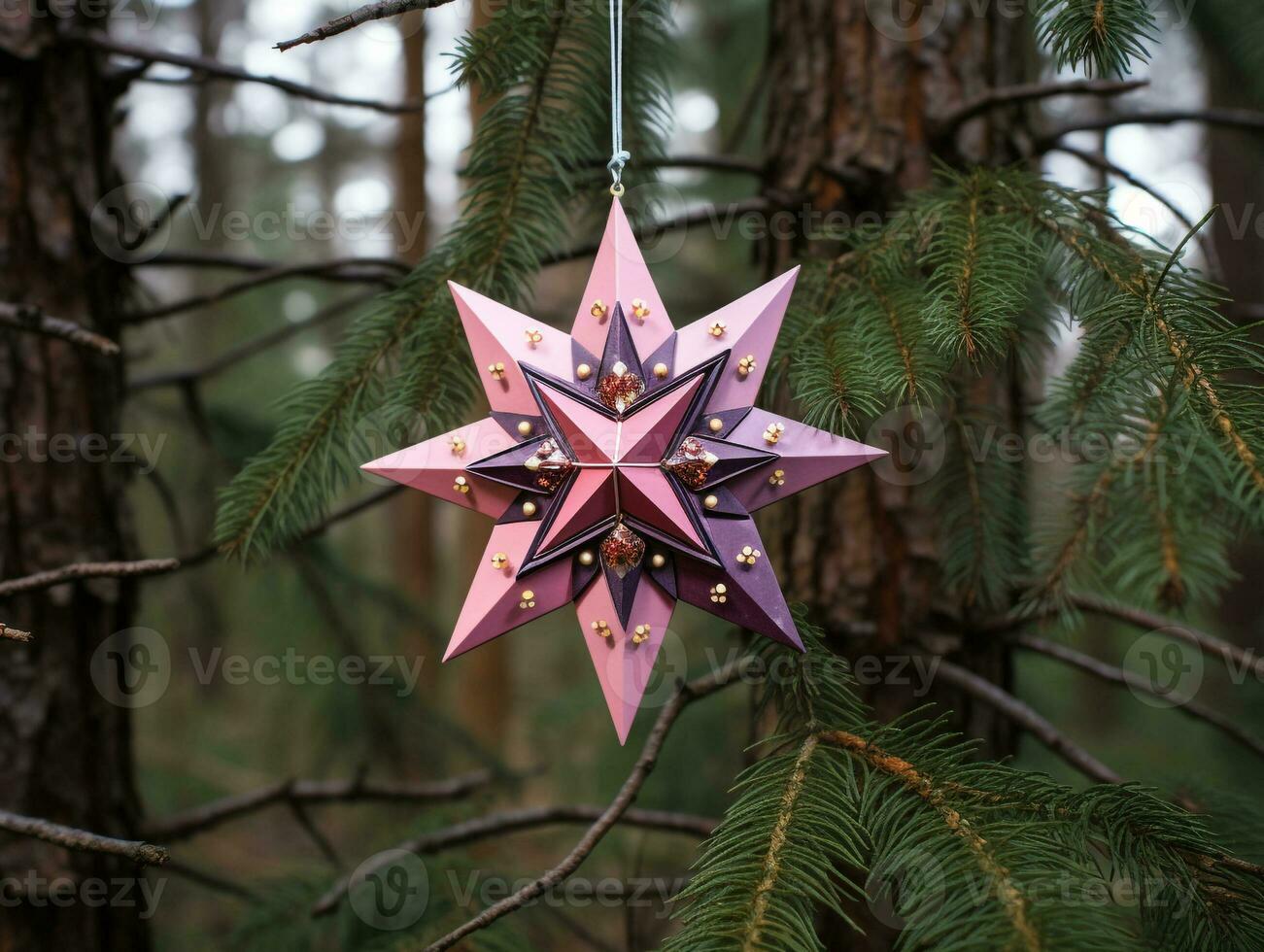A traditional star decoration hanging on a tree in a small forest, christmas image, photorealistic illustration photo
