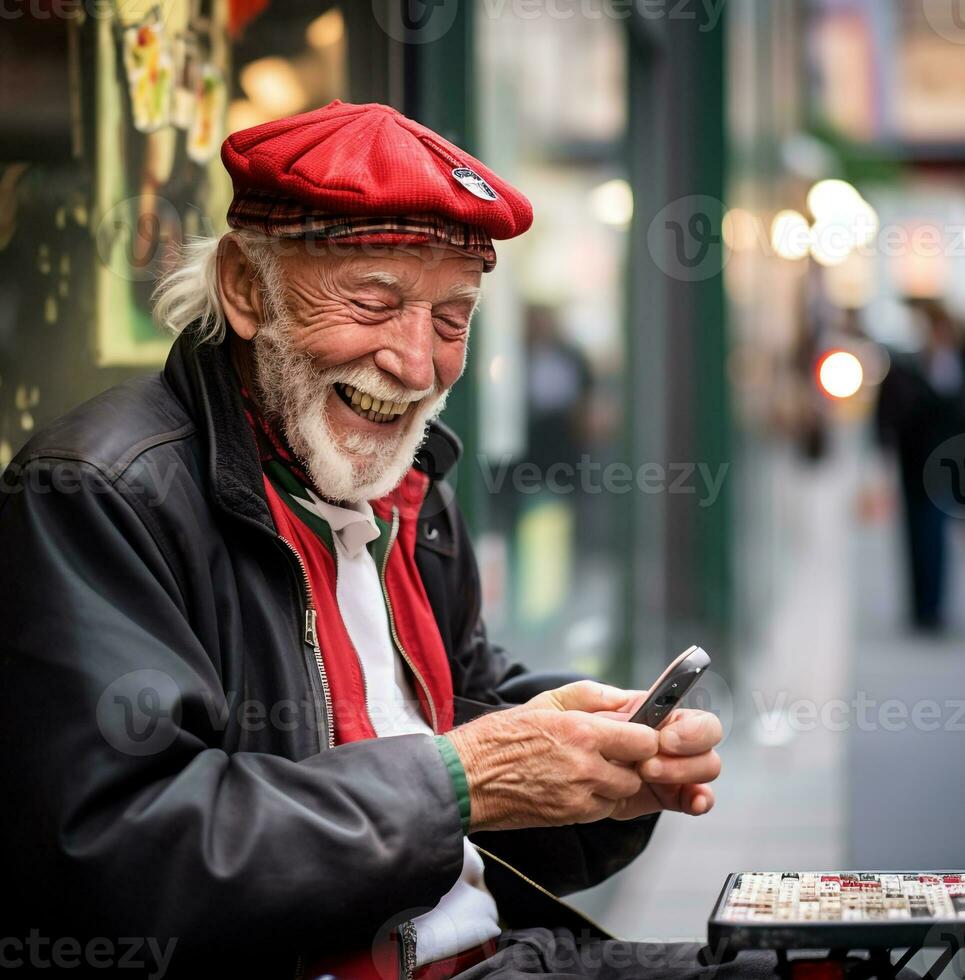 Old man using his smart phone in the city, modern aging stock images, ai generated aging images photo