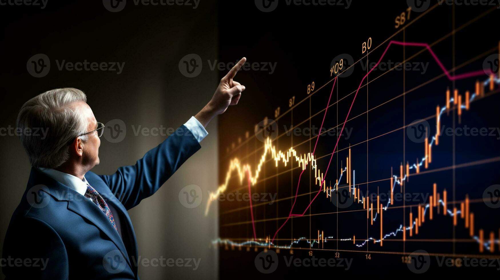 A businessman points to an arrow depicting a graph indicating the growth of the economy in 2020, business and marketing stock photos