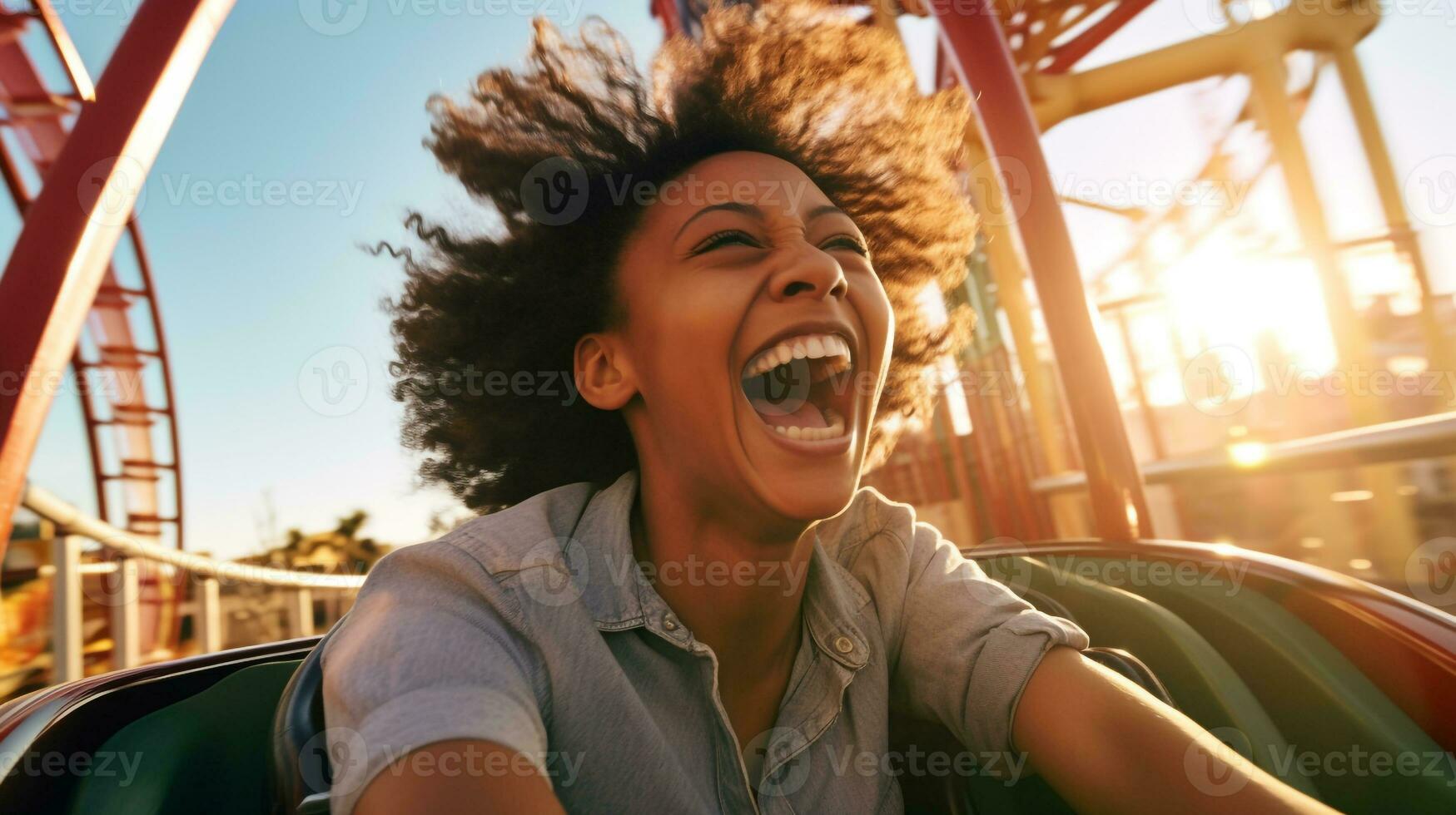 A person laughing as they ride a roller coaster, mental health images, photorealistic illustration photo