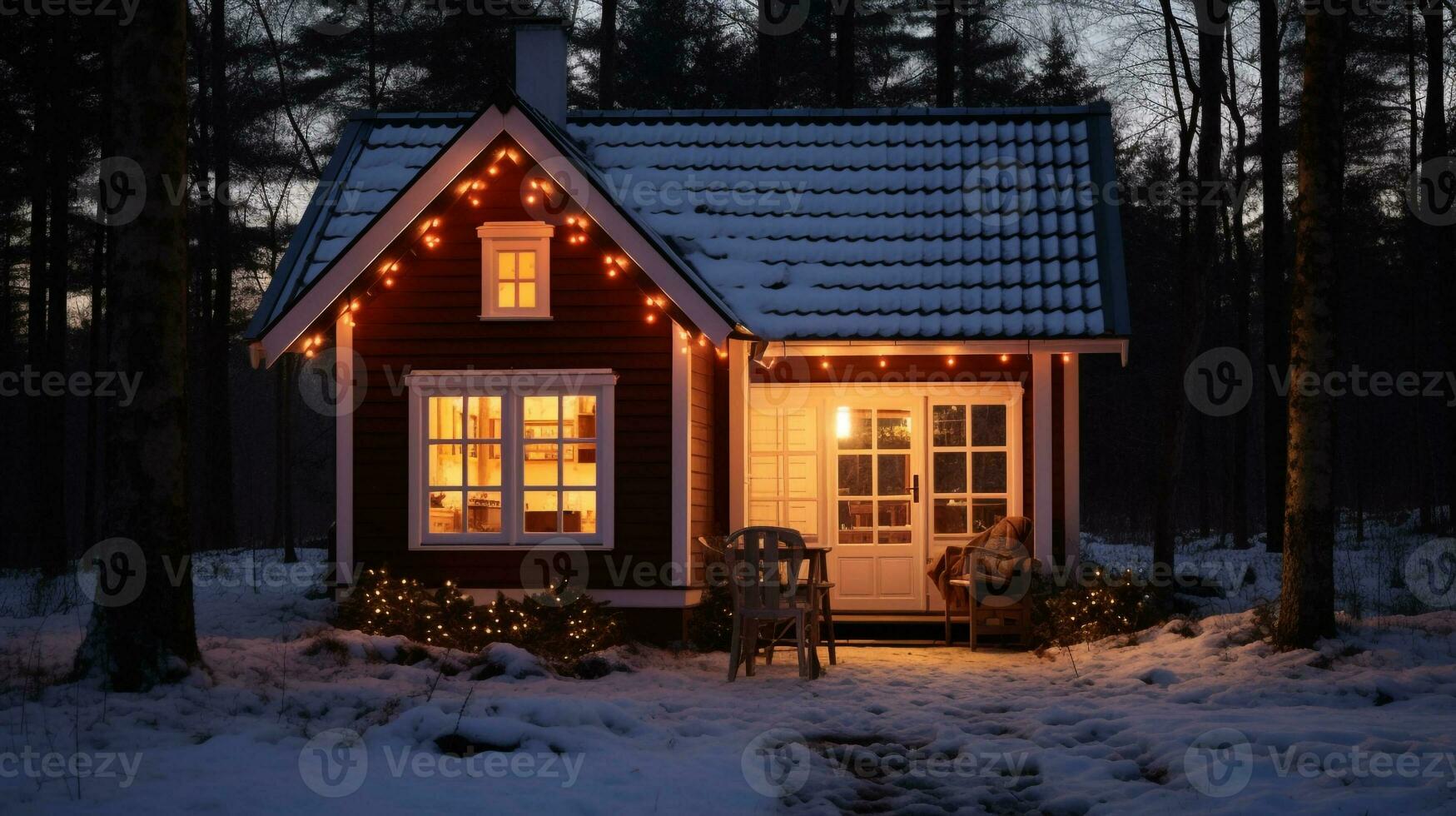 A small cottage in the forest all lit up for christmas, christmas image, photorealistic illustration photo