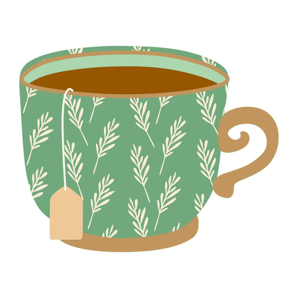 Tea in a cup with Tea bag isolated on a white. Warming Winter and Autumn drink to strengthen the immune system. Flat vector illustration. Green Mug with Floral decoration. Element for design.