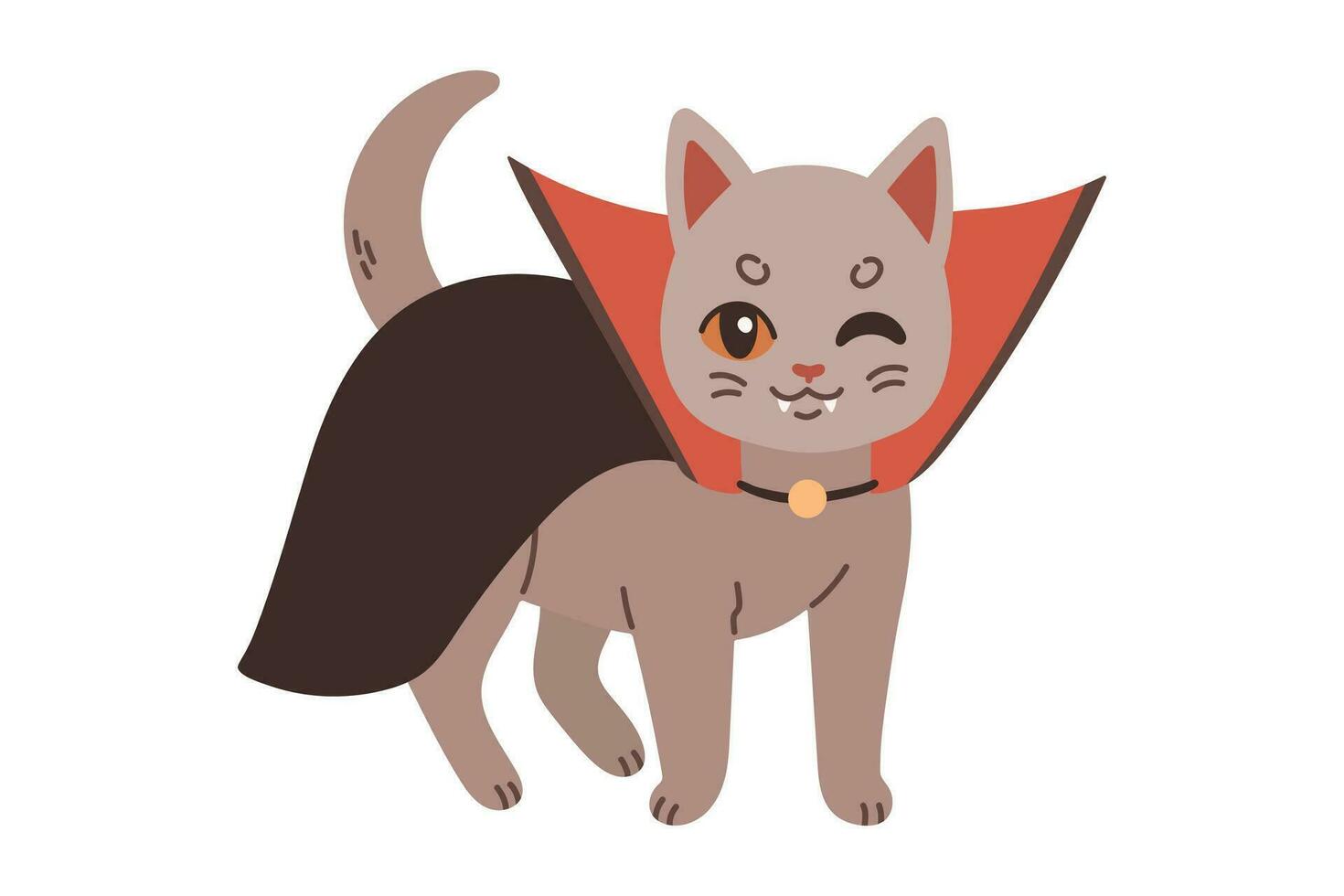 Halloween cat. Grey kitten in vampire costume. Happy halloween costume illustration. Vector illustration