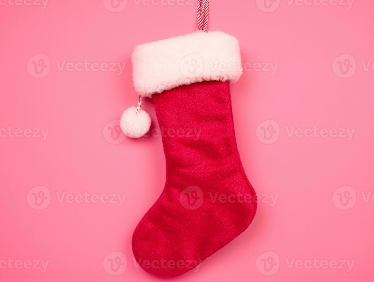 Red red wool santa claus stocking isolated on pink, christmas image, 3d illustration images photo