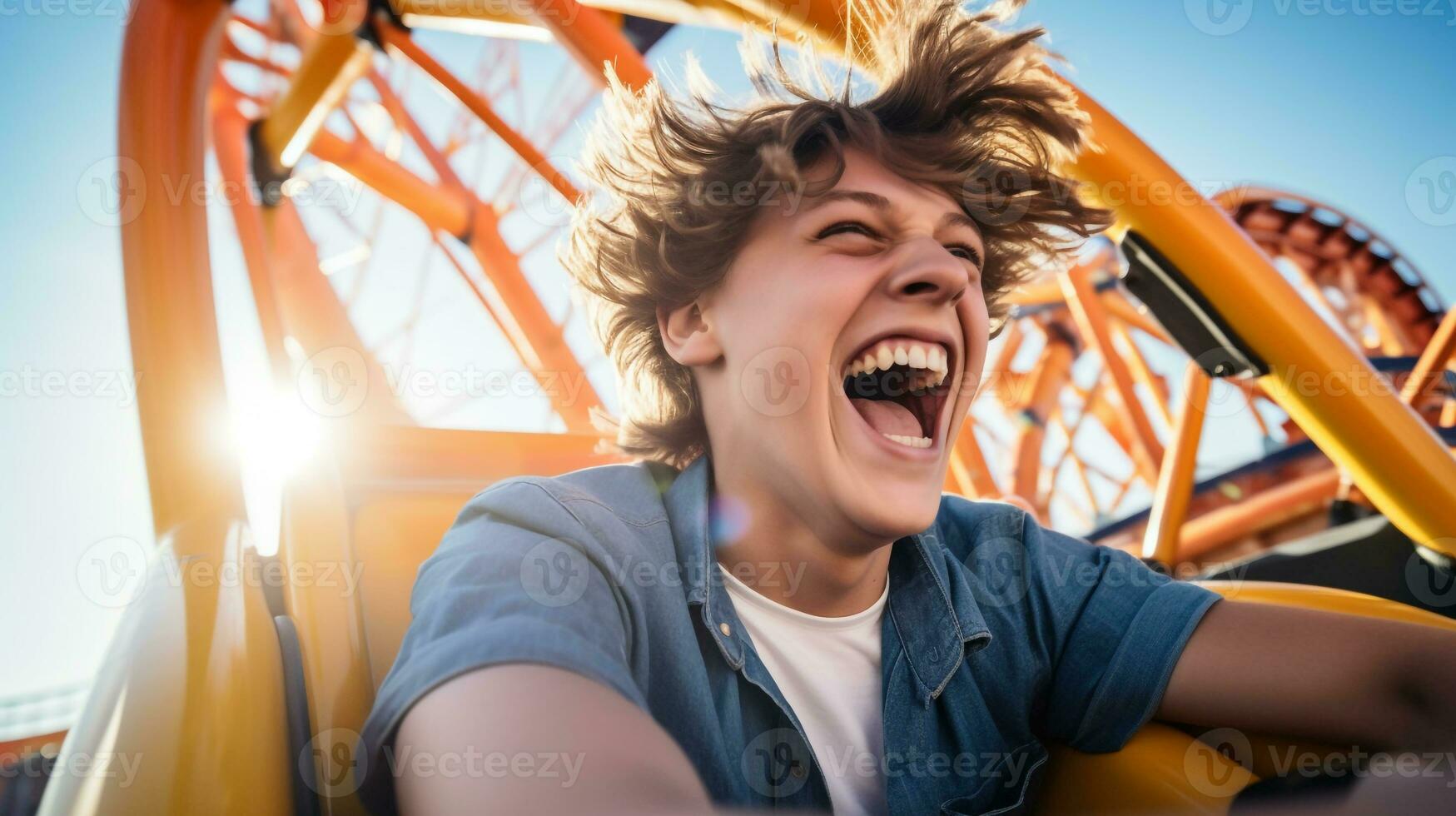 A person laughing as they ride a roller coaster, mental health images, photorealistic illustration photo