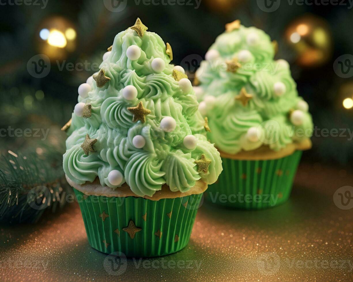 Couple of cupcakes decorated like tree with green frosting, christmas image, photorealistic illustration photo