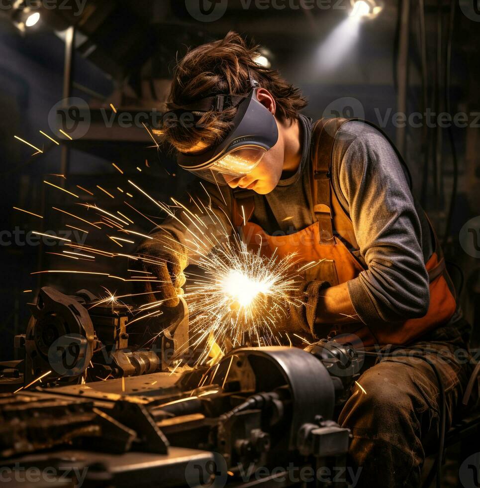 joven hombre soldadura con chispas cerca el fábrica, industrial maquinaria valores fotos