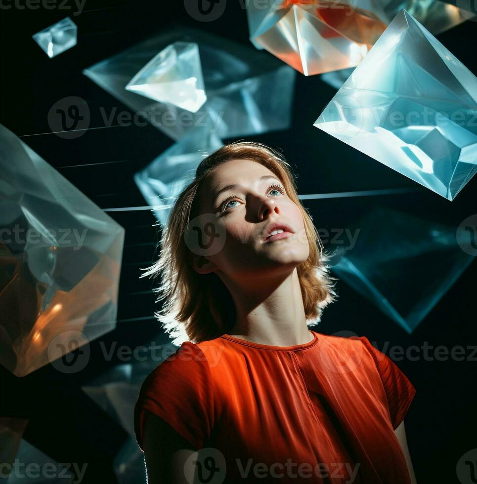 imagen de un mujer en pie hacia arriba mirando hacia el cielo, moderno envejecimiento valores imágenes, ai generado envejecimiento imágenes foto