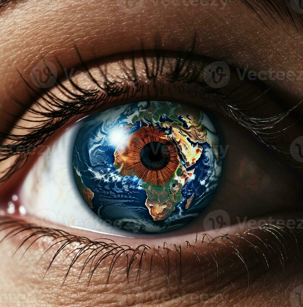 Persons eye with the earth inside the iris, nature stock photo