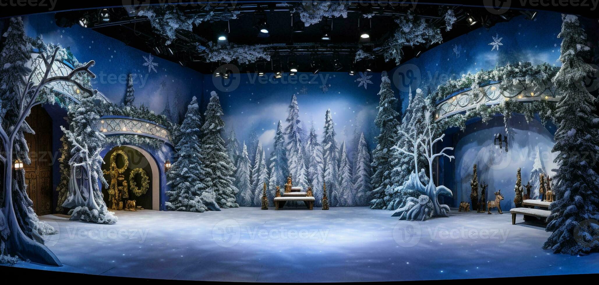 un panorámico ver de el cascanueces ballet escenario, Navidad imagen, fotorrealista ilustración foto