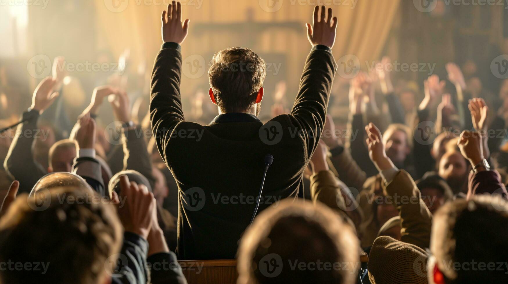 A person is standing in front of a crowd of people giving a speech, mental health images, photorealistic illustration photo