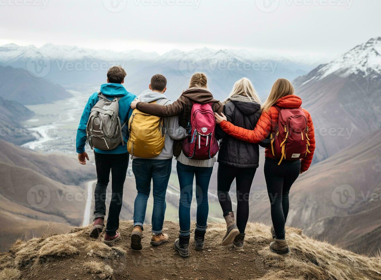 A group of friends hiking together in the mountains, mental health images, photorealistic illustration photo