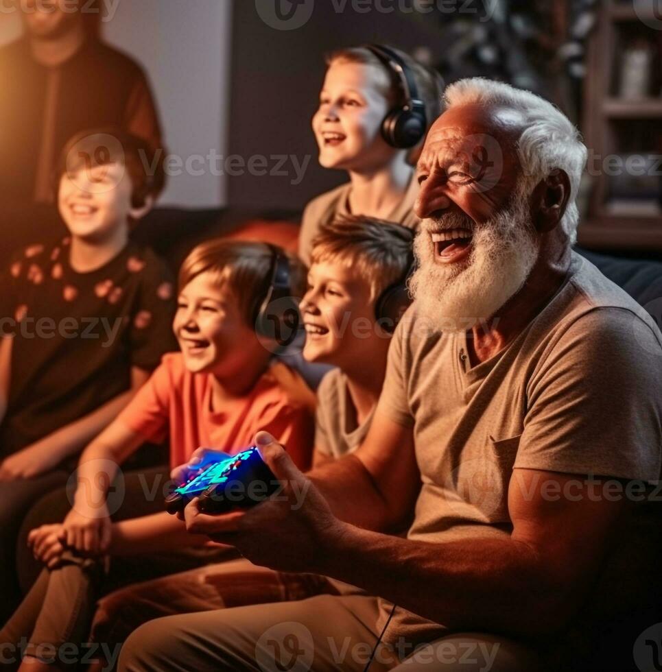 A long shot of the man and his grandchildren sitting on the couch, modern aging stock images, photorealistic illustration photo