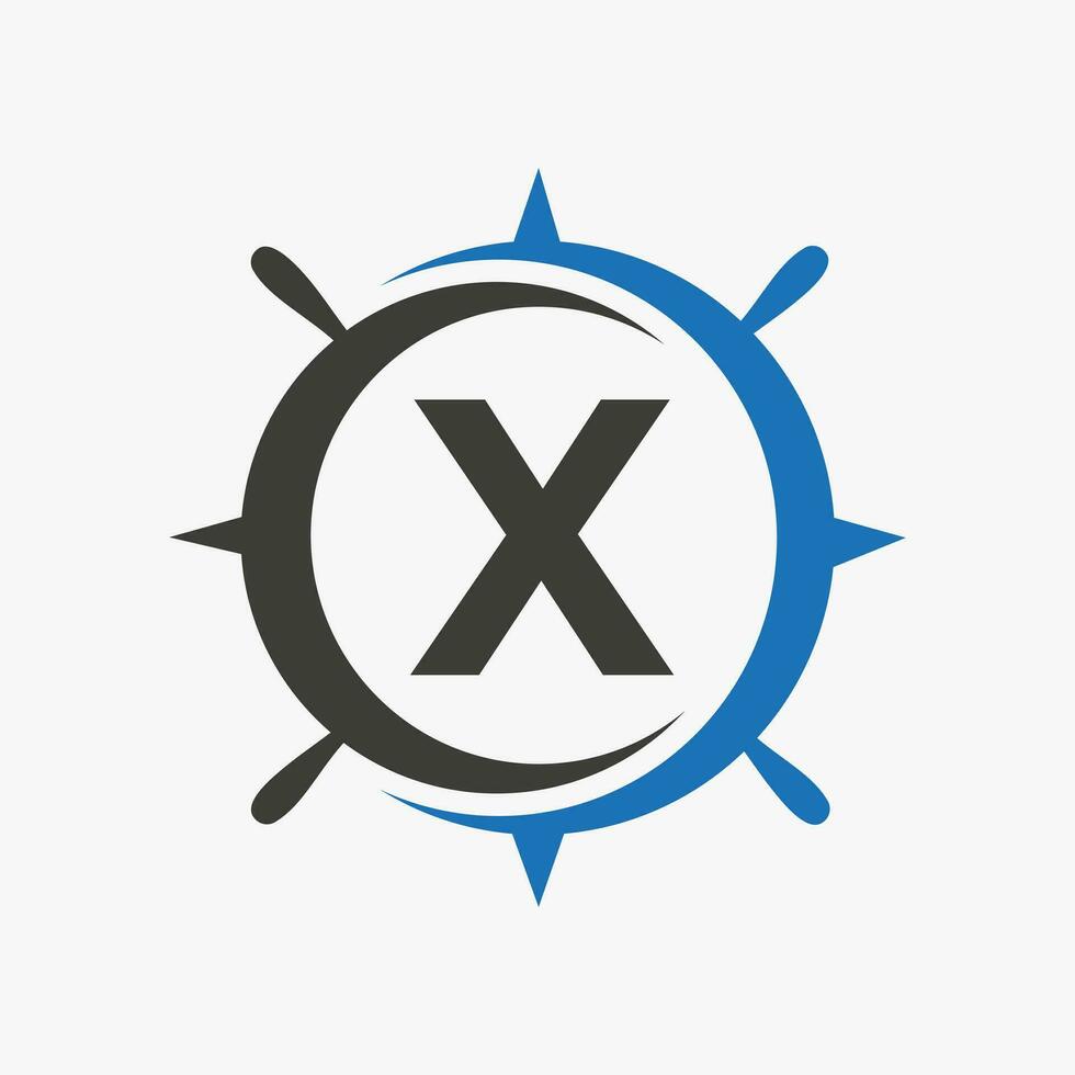 Letter X Ship Logo Concept With Ship Wheel Sign Vector Template