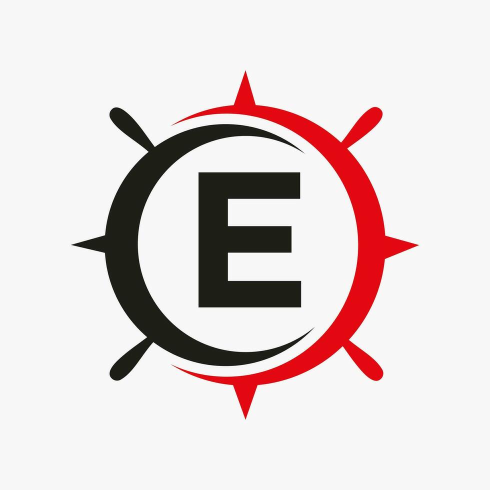 Letter E Ship Logo Concept With Ship Wheel Sign Vector Template