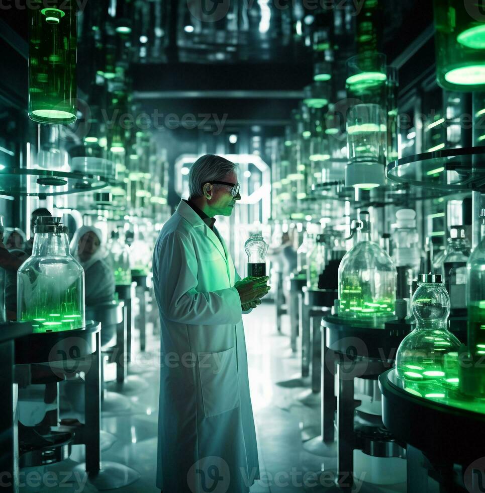 A long shot of a scientist in a white coat standing in a laboratory, medical stock images photo