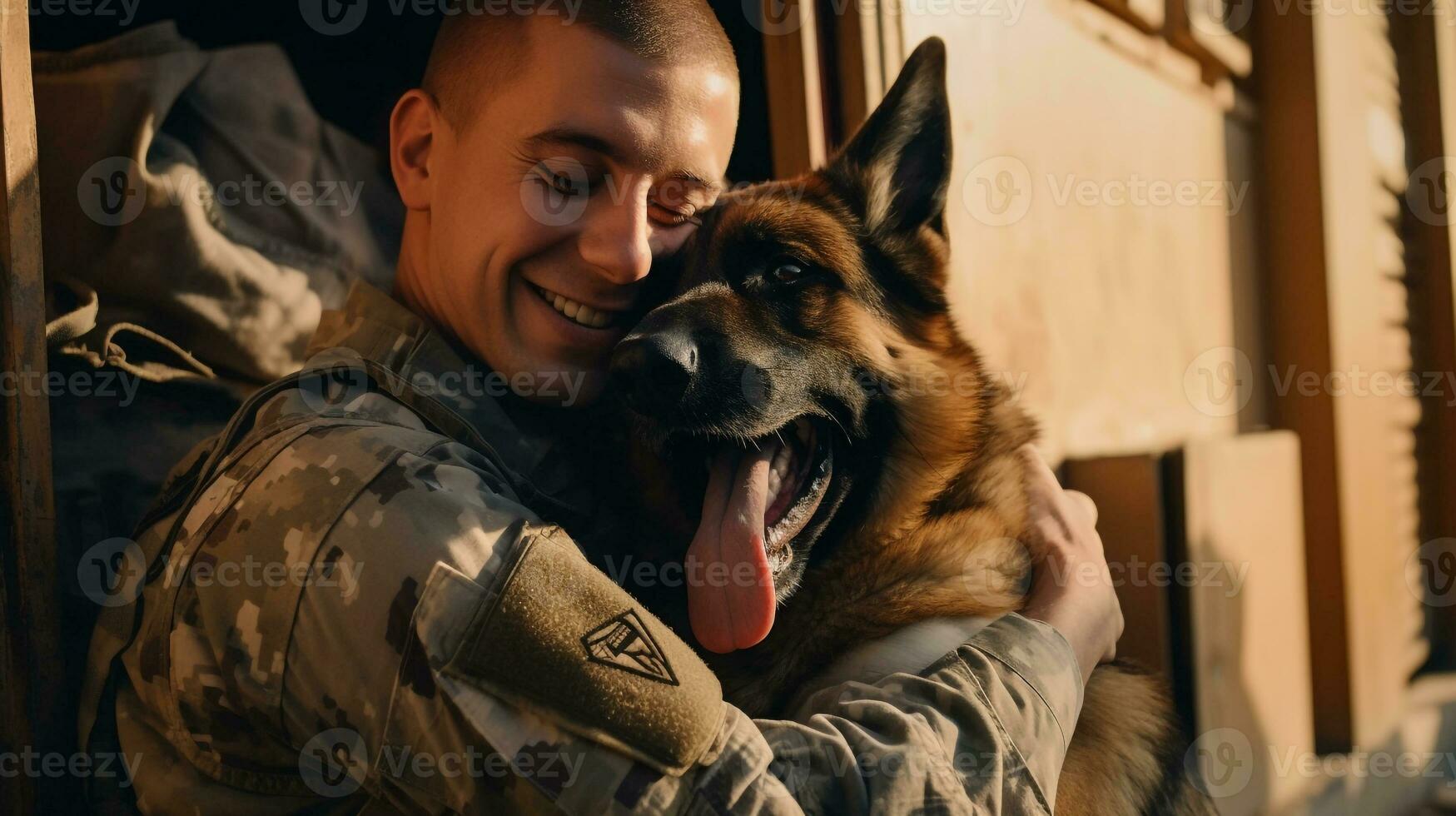 A soldier hugging his dog after returning home from deployment, mental health images, photorealistic illustration photo