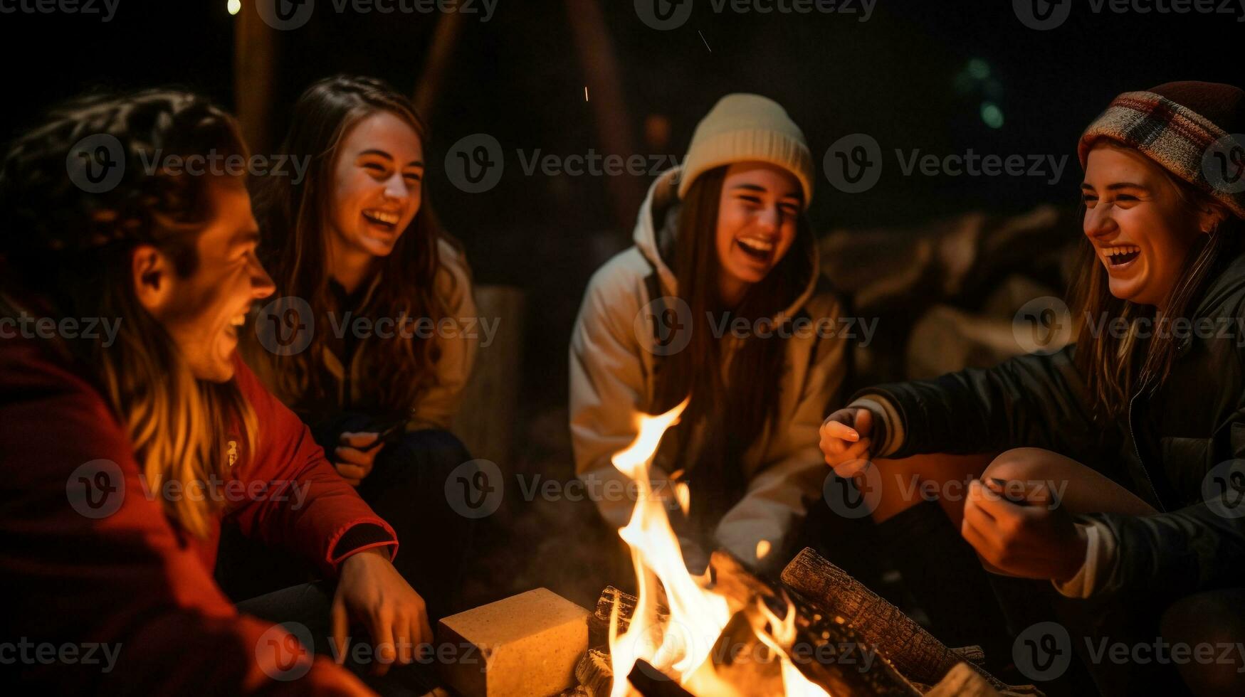 un grupo de amigos riendo y hablando alrededor un hoguera, mental salud imágenes, fotorrealista ilustración foto