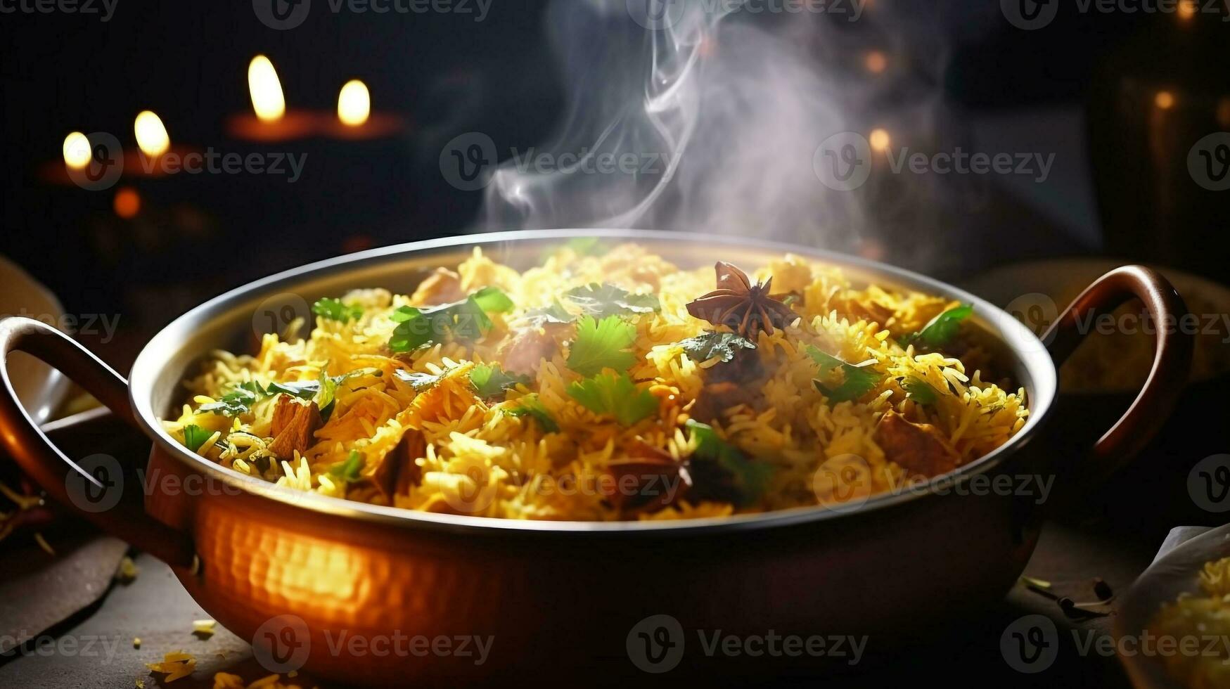 A wide shot of a steaming pot of biryani, world food day images photo