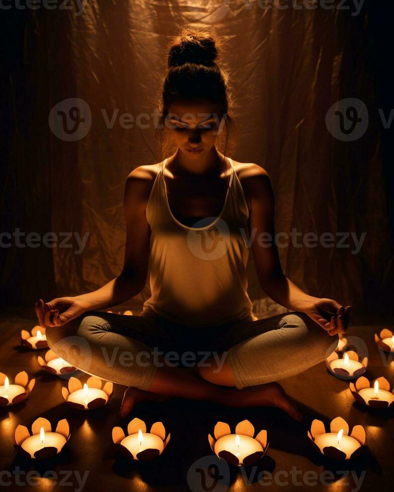 A person sitting in a lotus position in a dimly lit room, mental health images, photorealistic illustration photo