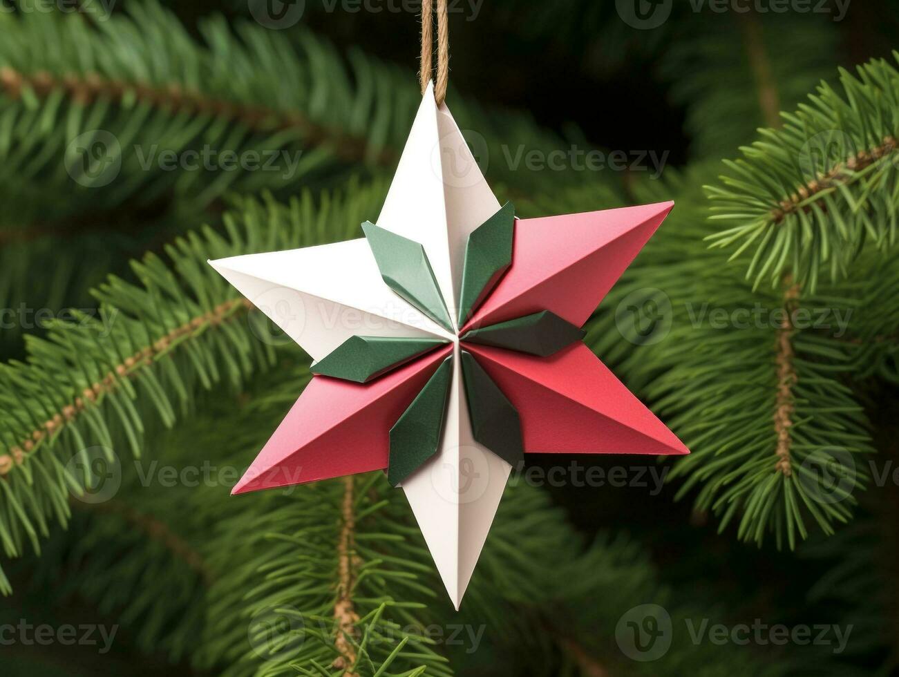 An ornament of a star hanging in the tree, christmas image, photorealistic illustration photo