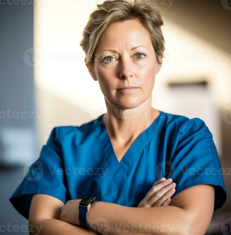 The nurse is wearing a blue scrubs and a white coat, medical stock images photo