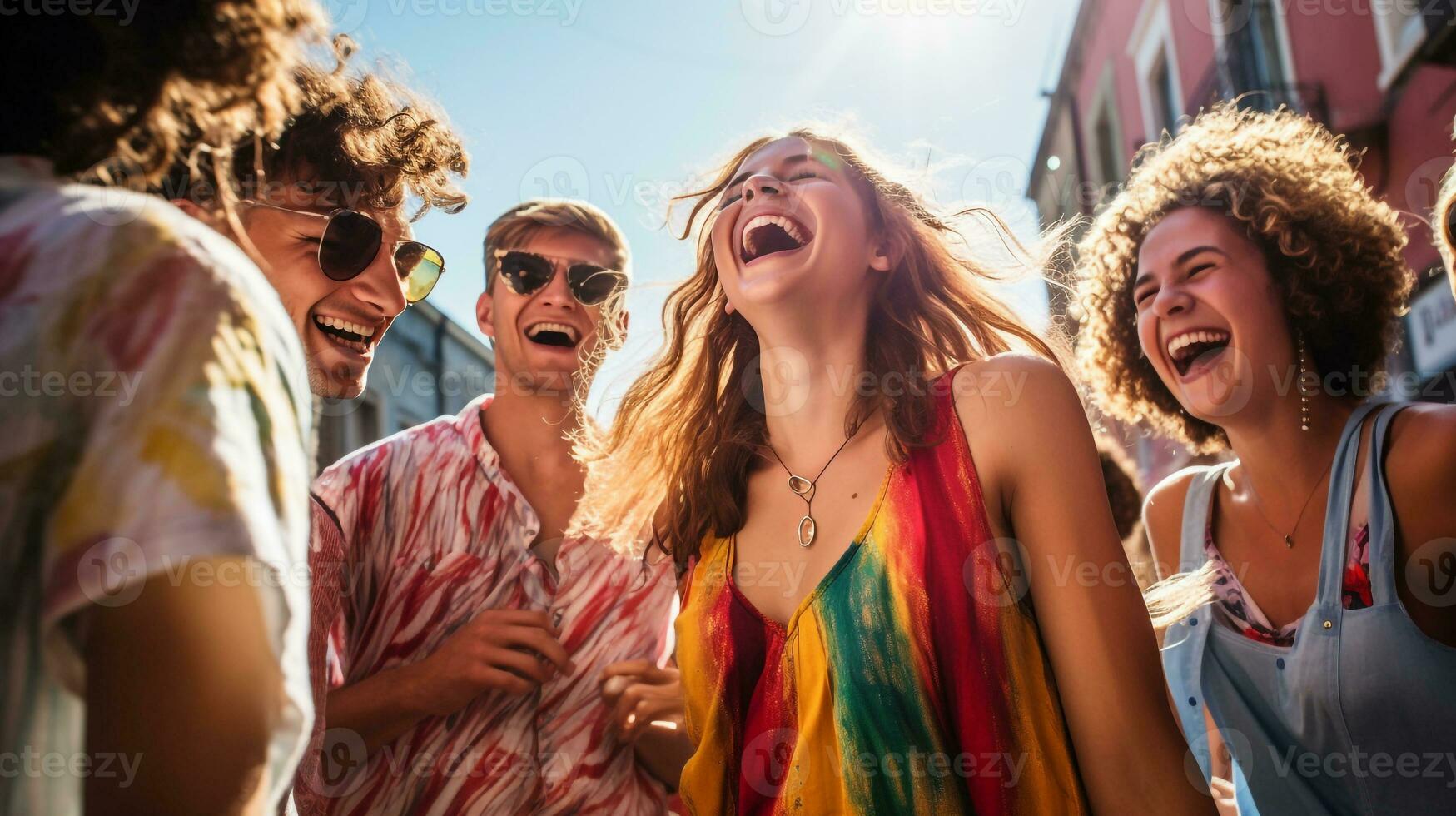 A group of friends laughing and dancing in the street, mental health images, photorealistic illustration photo