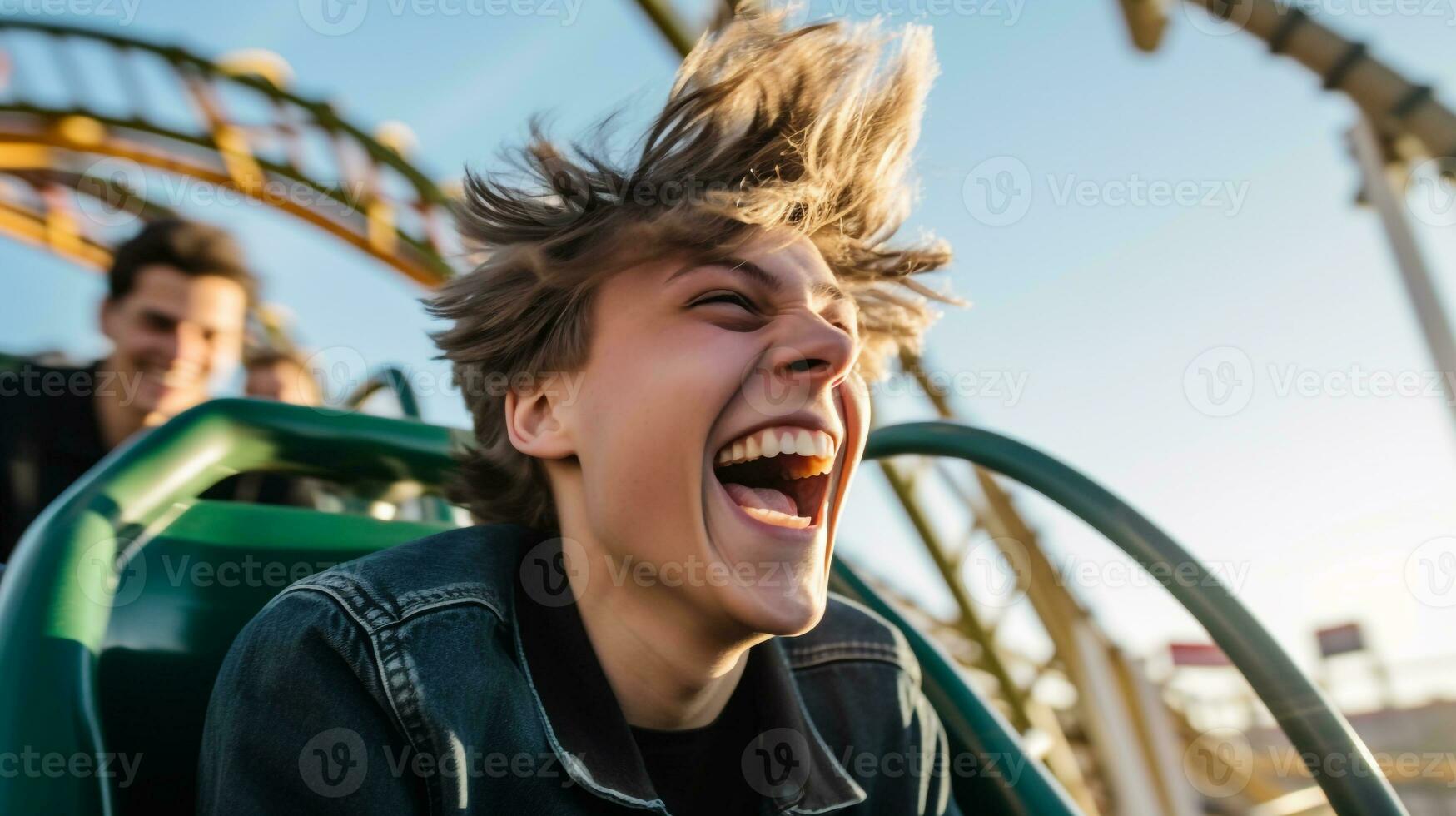 A person laughing as they ride a roller coaster, mental health images, photorealistic illustration photo