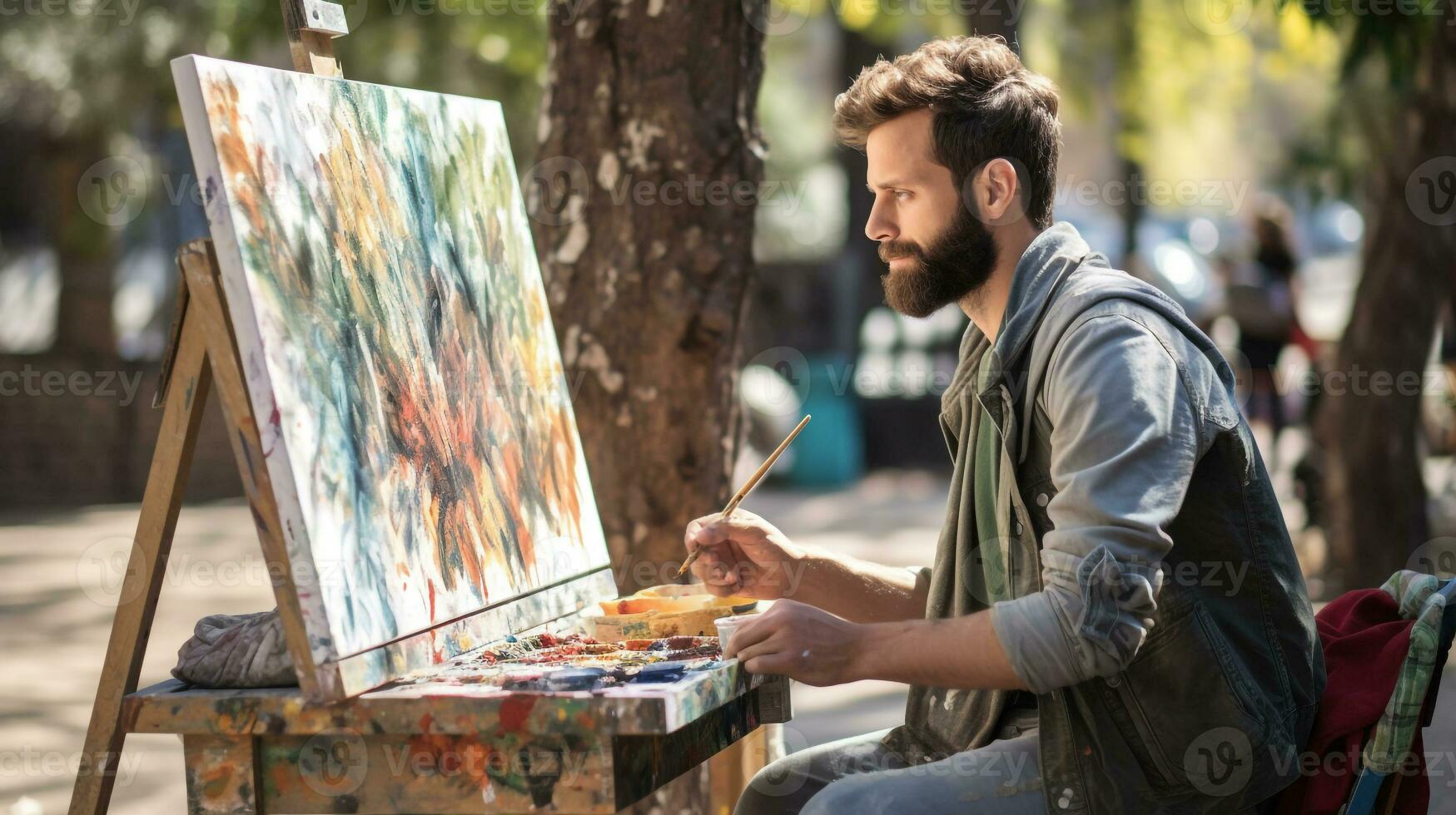 A candid shot of a person painting on a park bench, mental health images, photorealistic illustration photo