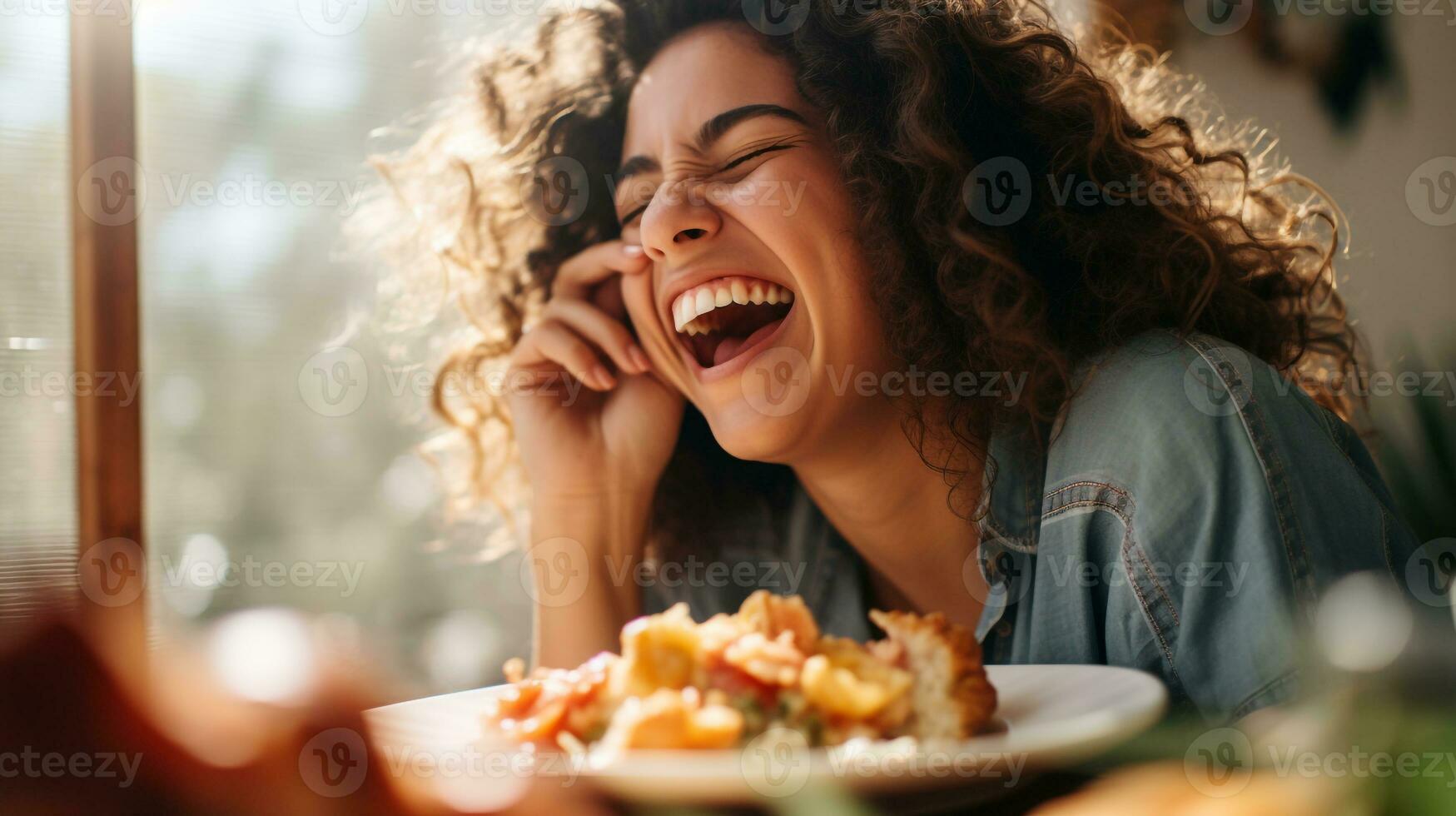 A person laughing as they eat their favorite food, mental health images, photorealistic illustration photo