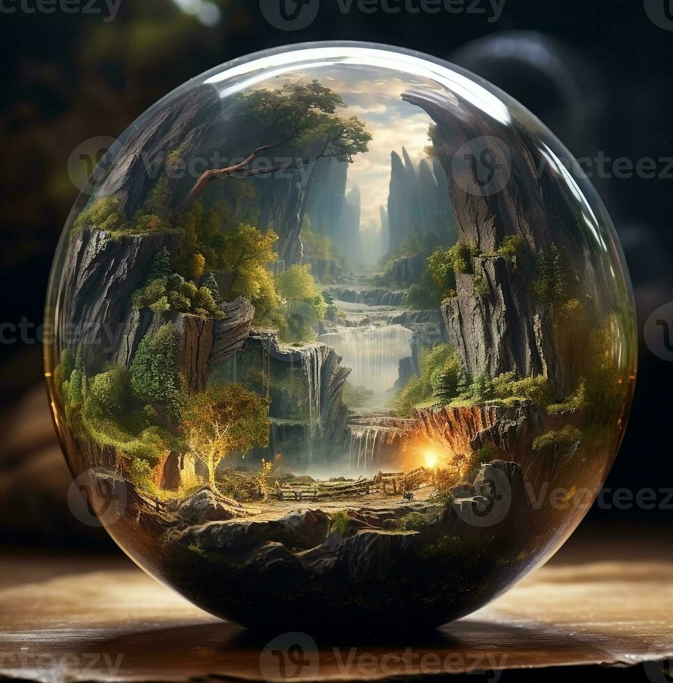 A glass ball with landscapes inside of it, nature stock photo