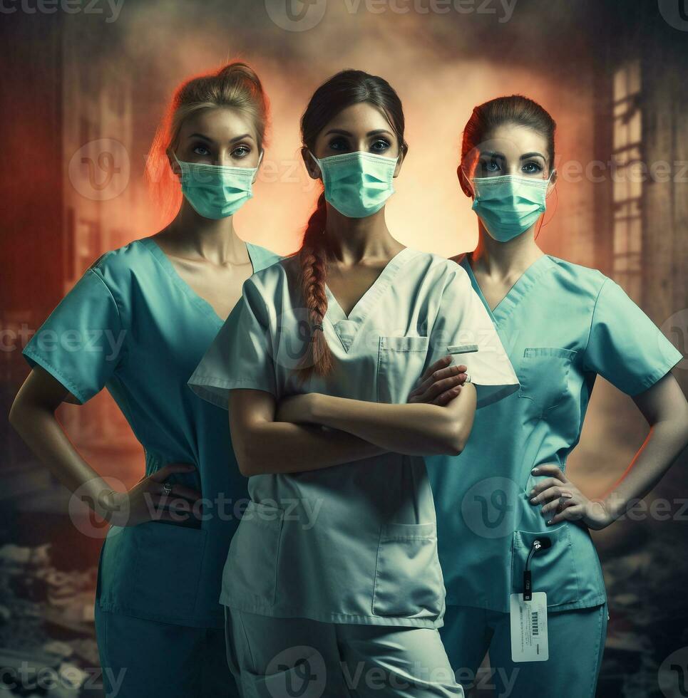 Three medical employees with surgical masks posing for a shot, medical stock images photo