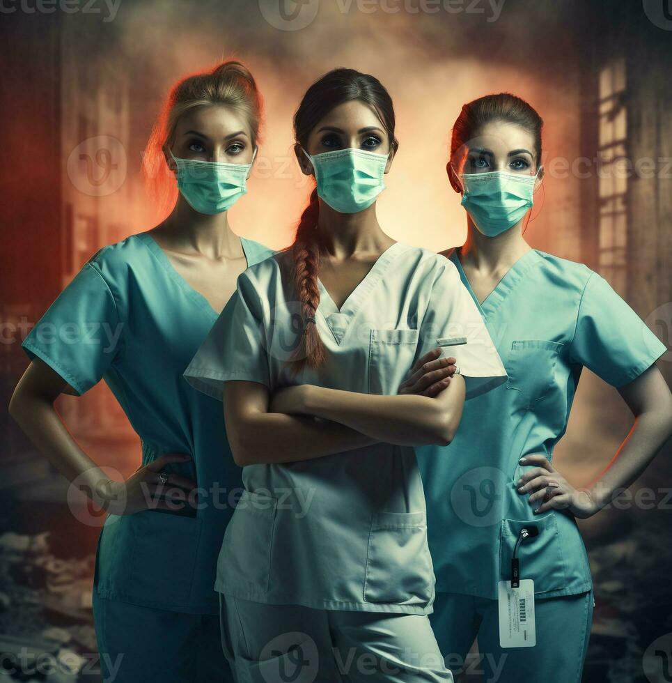 Three medical employees with surgical masks posing for a shot, medical stock images photo