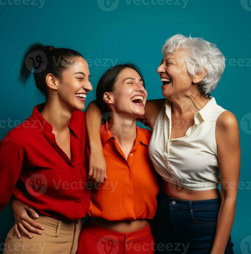 grupo de mujer quien son posando en contra un azul fondo, moderno envejecimiento valores imágenes, ai generado envejecimiento imágenes foto