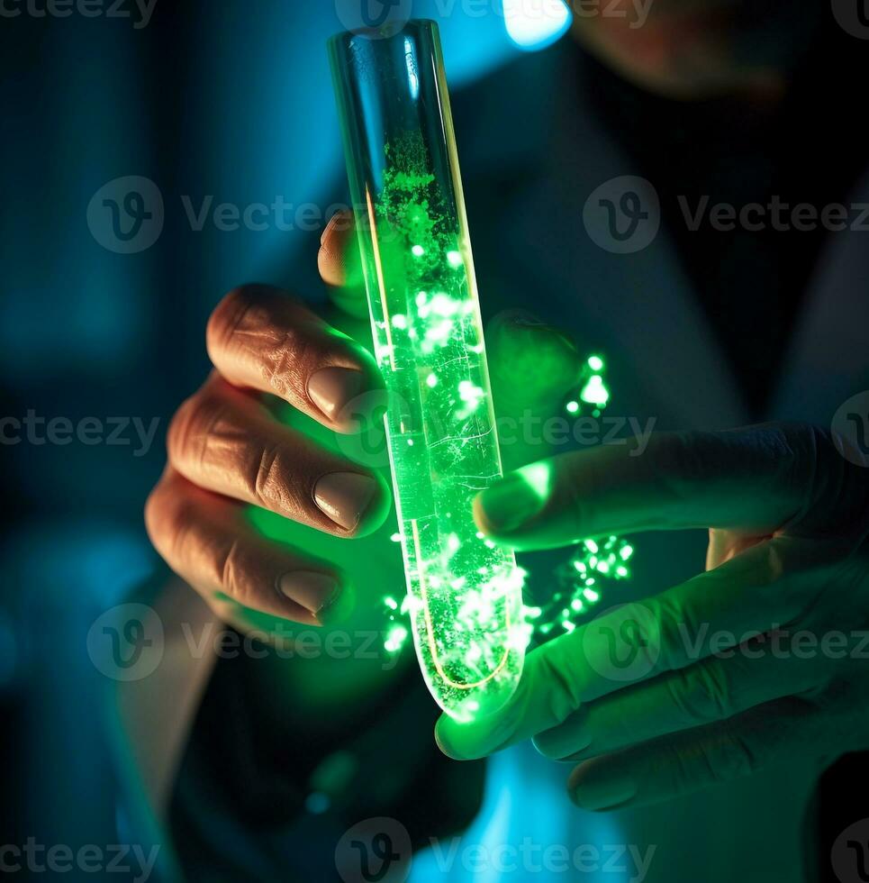 A close-up view of a scientist's hand holding a test tube filled with glowing green liquid. the liquid is viscous and translucent, medical stock images photo