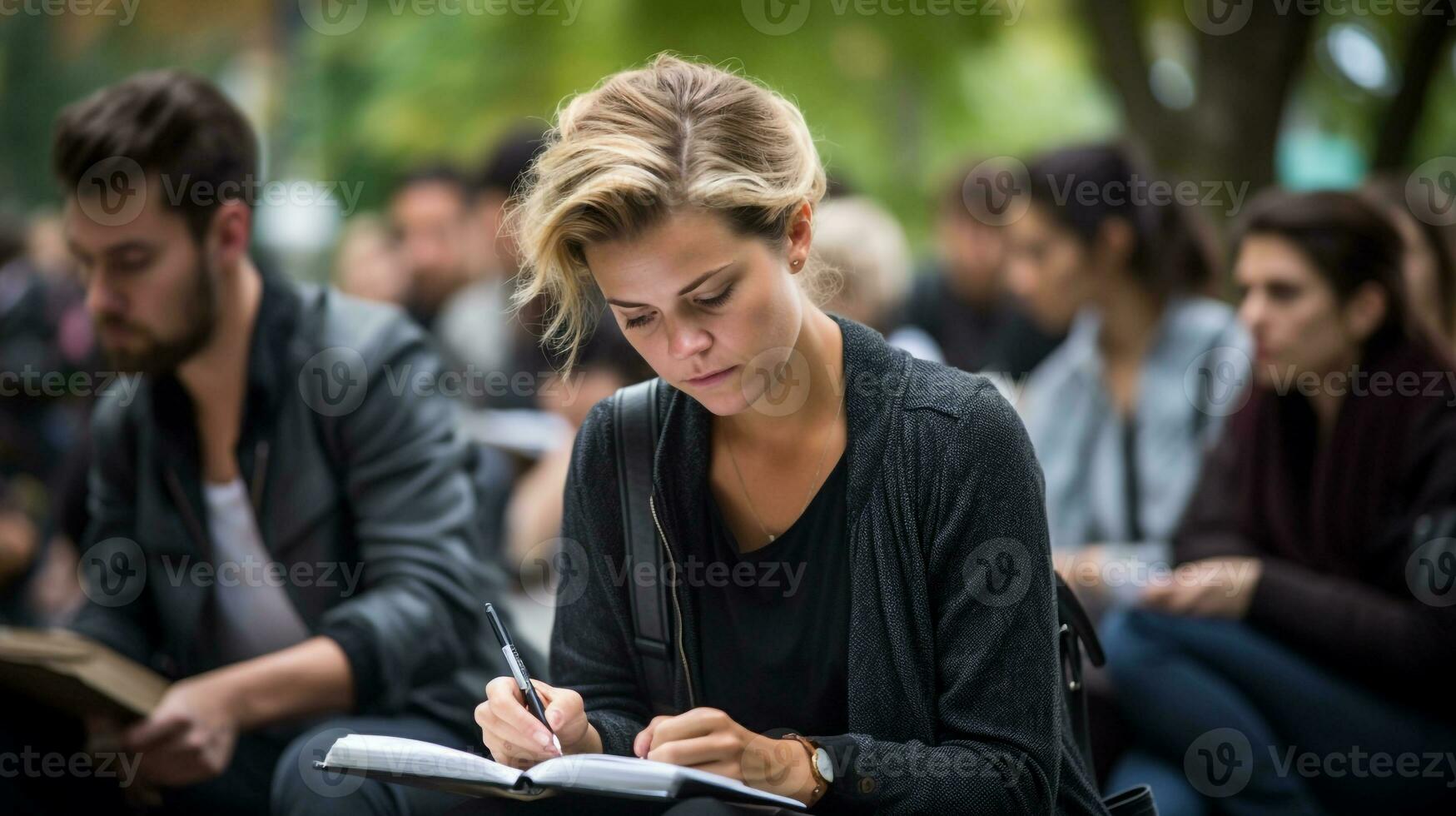 A woman sits on a bench in a park writing in a journal, mental health images, photorealistic illustration photo