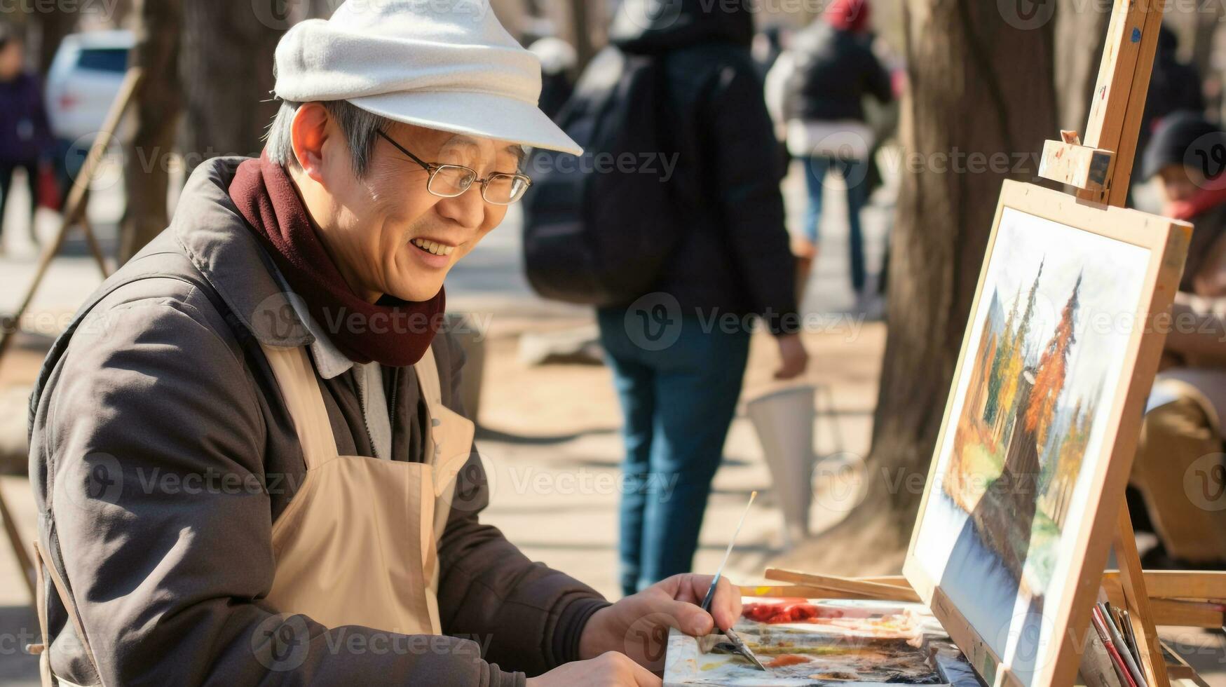 A candid shot of a person painting on a park bench, mental health images, photorealistic illustration photo